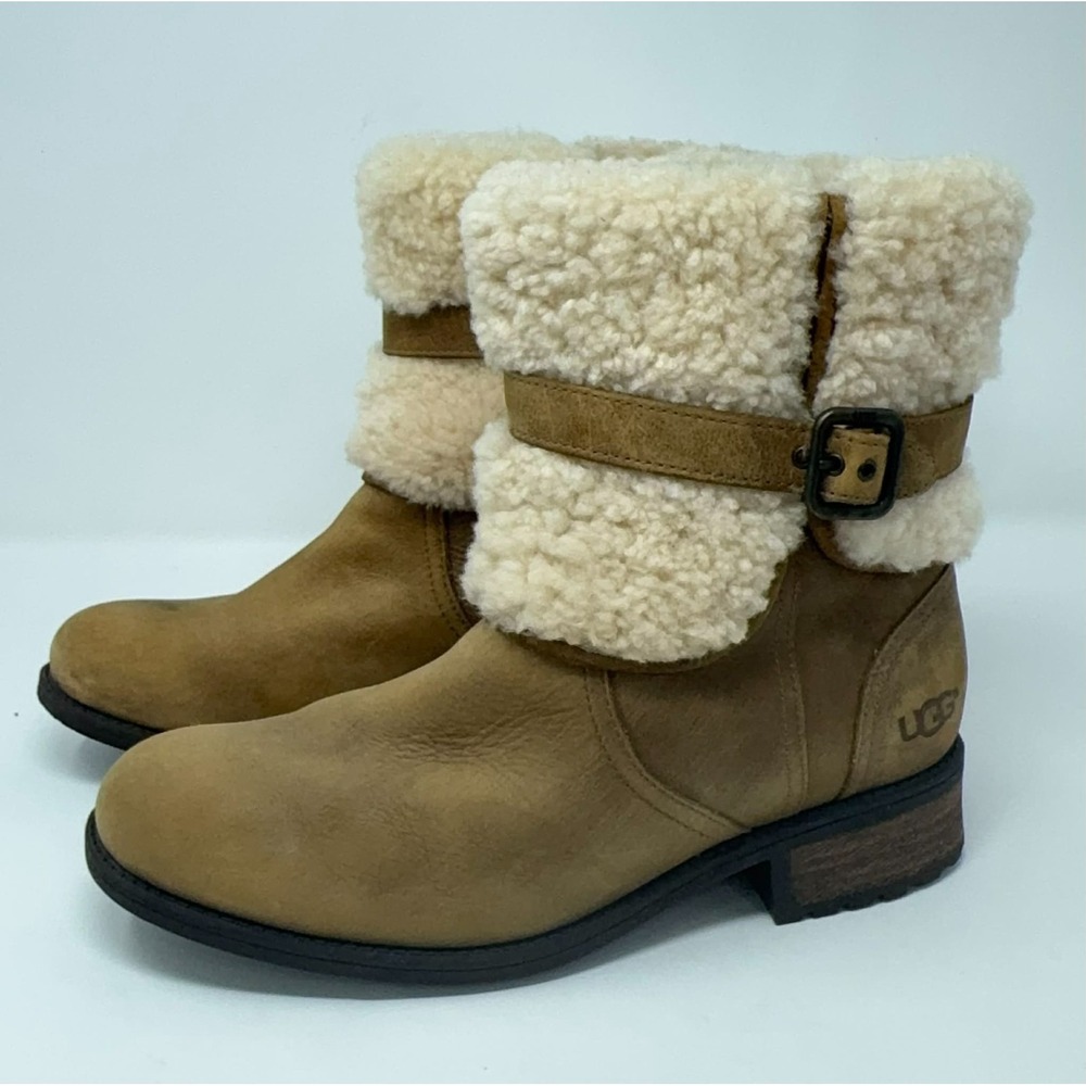 UGG Austrailia Blayre II Boots Women's 10 Tan Short Sheepskin Lined‎ Buckle Zip